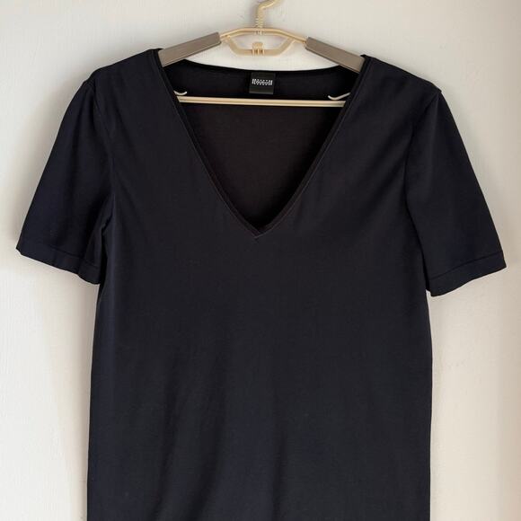 Wolford Hampton Shirt Size Large 51189 V-neck Black Short Sleeves Ribbed Trim - Picture 5 of 5
